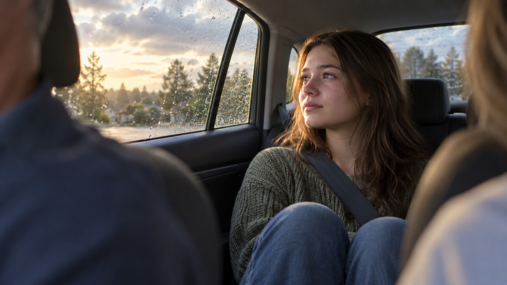 Teenage girl sitting in the back seat of a car