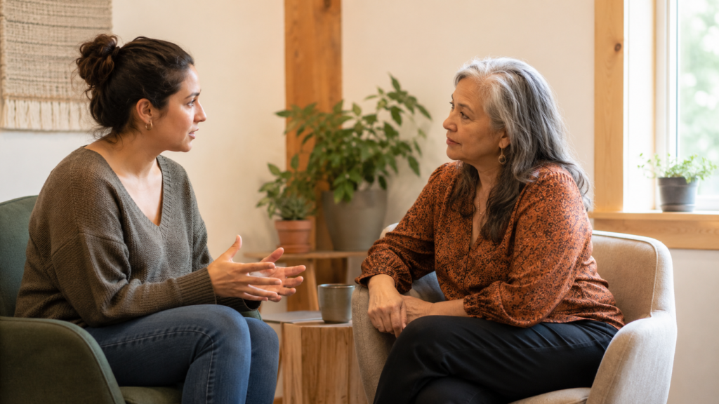 Young woman speaking with an older woman in a counselling setting