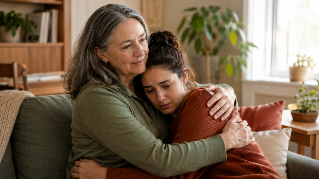 Older woman comforting a distressed younger woman with a hug