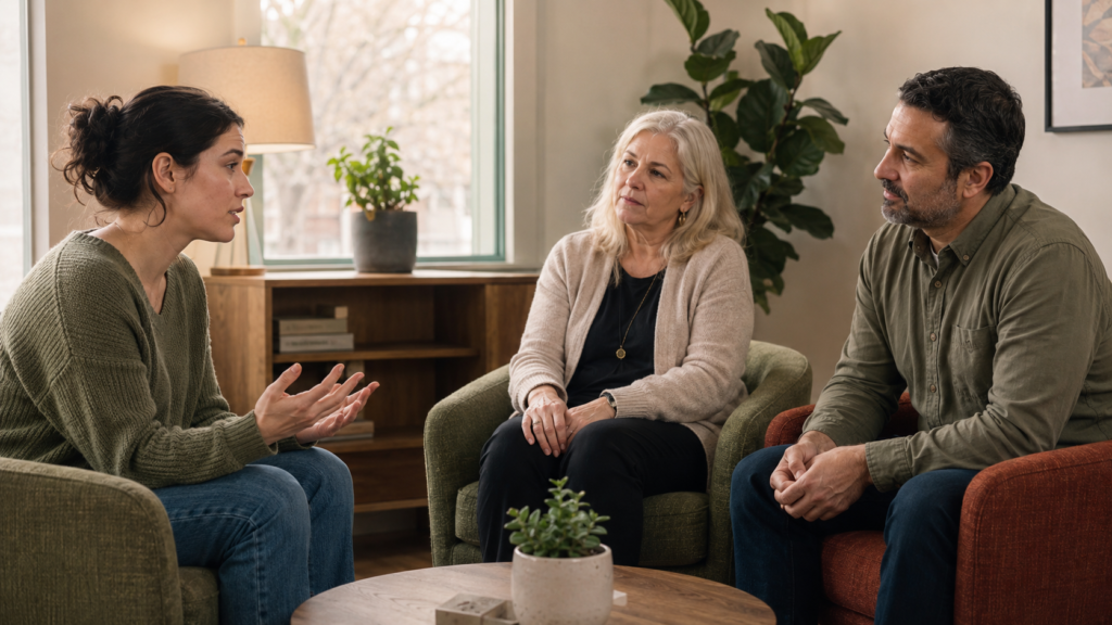 Young woman speaking with a female and male social worker