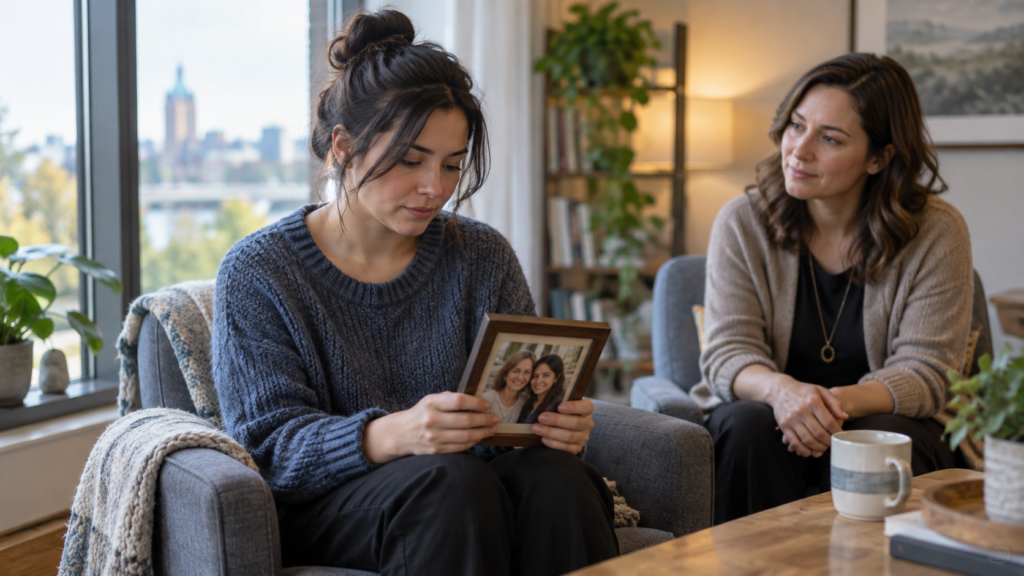 Young woman holding a framed photo while a counsellor sits beside her