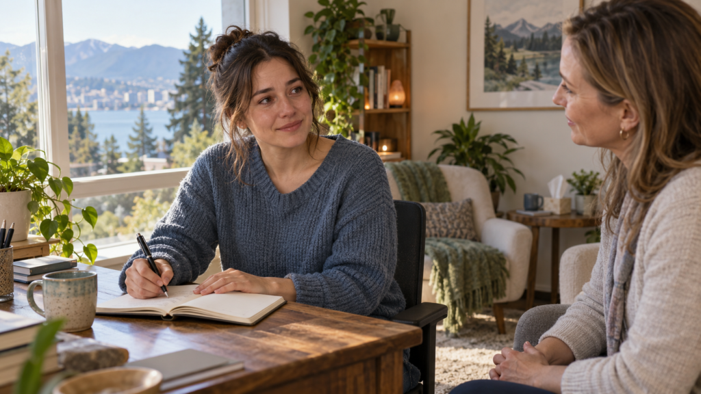 Young woman writing in a notebook while speaking with a counsellor