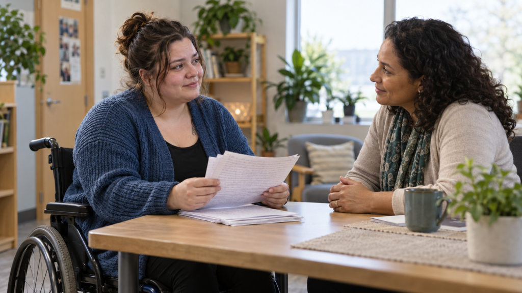 Woman using a wheelchair sharing written pages with a counsellor