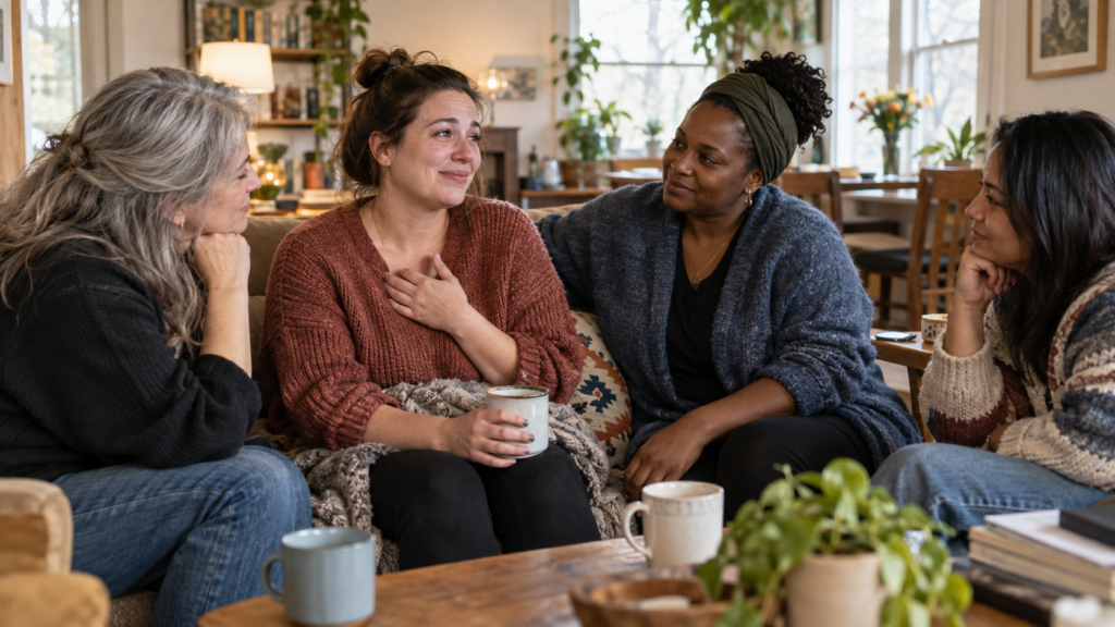 Young woman receiving support from three women in a living room