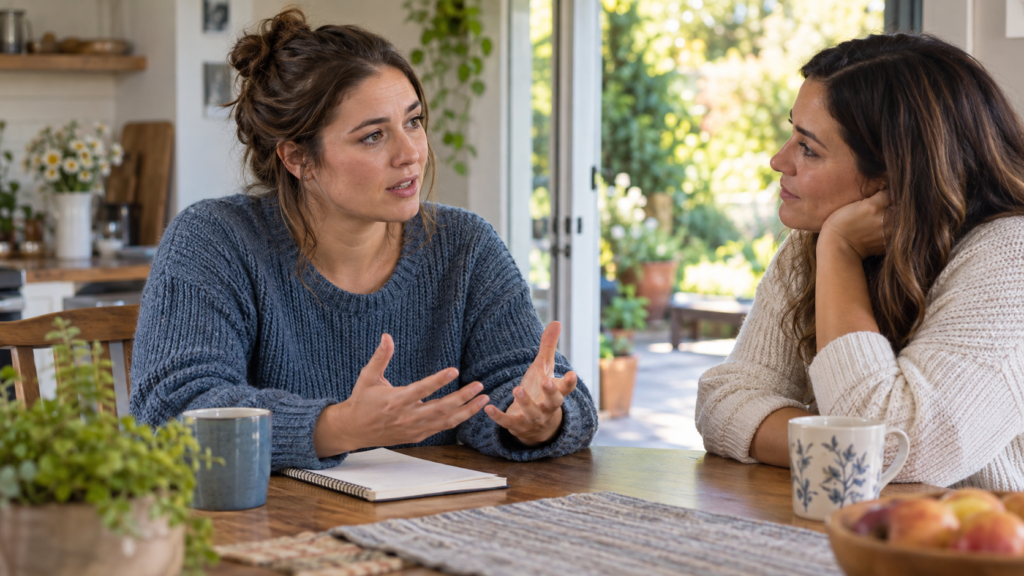 Young woman talking while another woman listens attentively