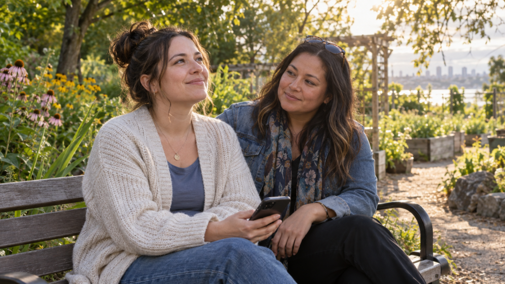 Two women sitting together on a park bench