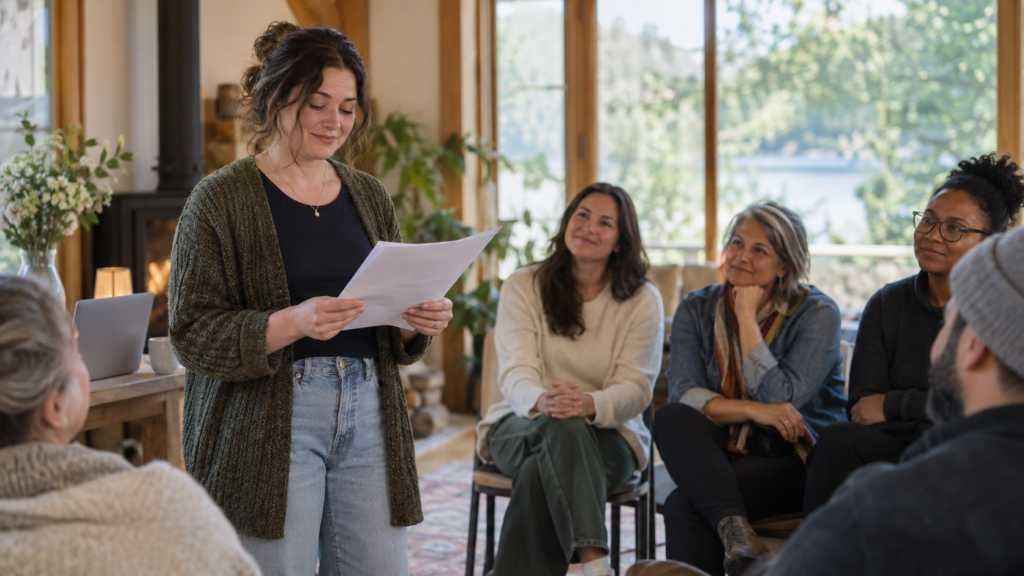 Woman reading her story aloud to a supportive group