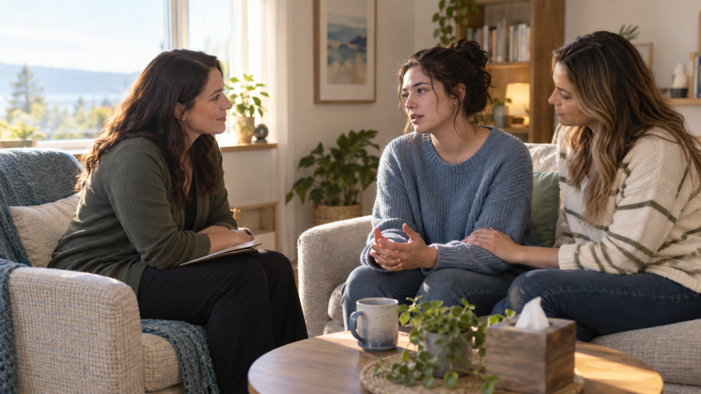Young woman speaking with two social workers